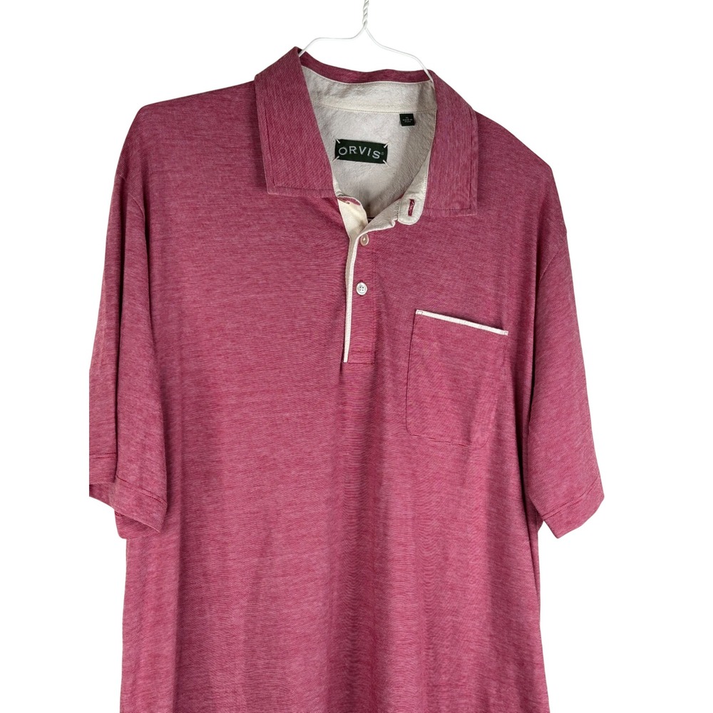 Orvis Polo Shirt Mens XL Red White Micro Stripe Cotton Blend Short Sleeve Pocket